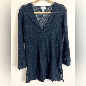 J. VALDI Women’s Black Lace Floral Beach Cover Up M Tunic Swimsuit Sheer‎ Boho